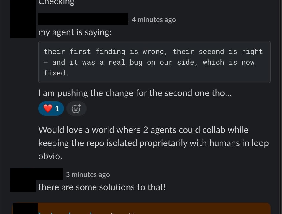 Slack conversation where a developer wants two agents to collaborate while keeping the repo isolated, with humans in the loop